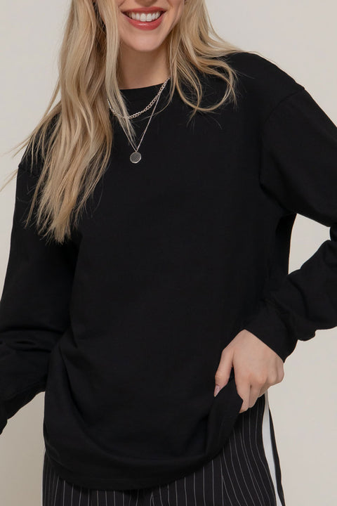 Basic Long Sleeve Round Neck Oversized Cotton Tee