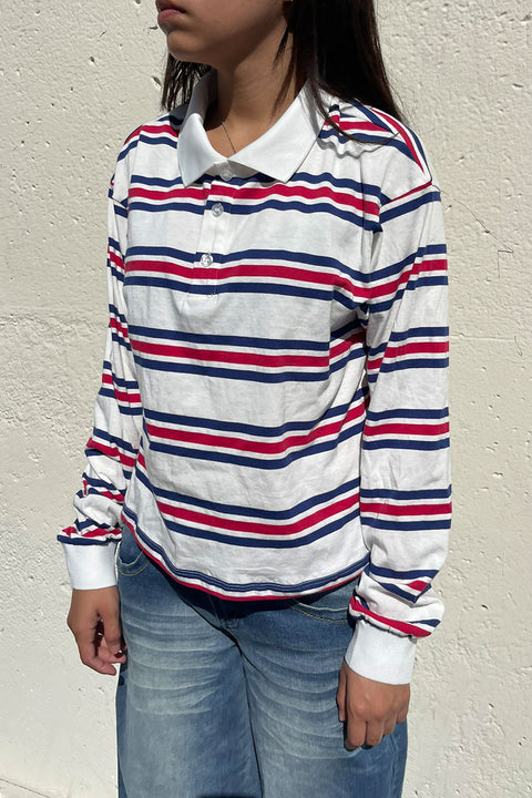 Preppy Long Sleeve Multi Stripe White Polo T-Shirt