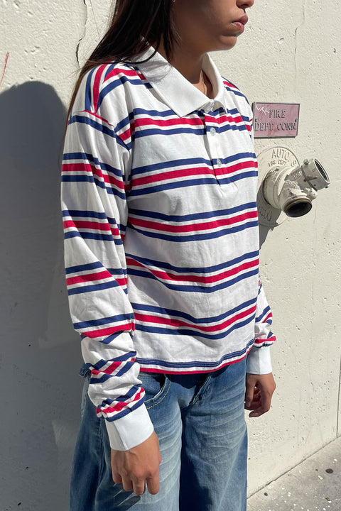 Preppy Long Sleeve Multi Stripe White Polo T-Shirt