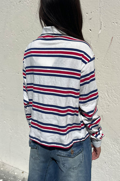 Preppy Long Sleeve Multi Stripe White Polo T-Shirt