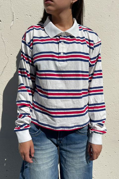 Preppy Long Sleeve Multi Stripe White Polo T-Shirt
