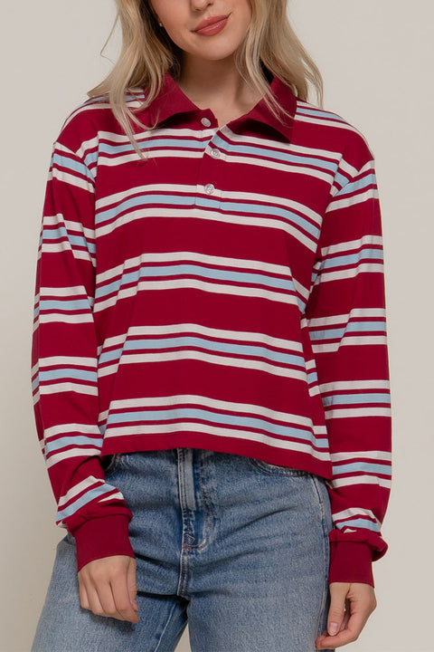 Preppy Long Sleeve Multi Stripe Burgundy Polo T-Shirt