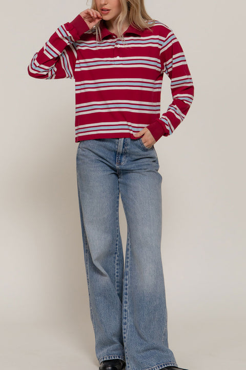 Preppy Long Sleeve Multi Stripe Burgundy Polo T-Shirt
