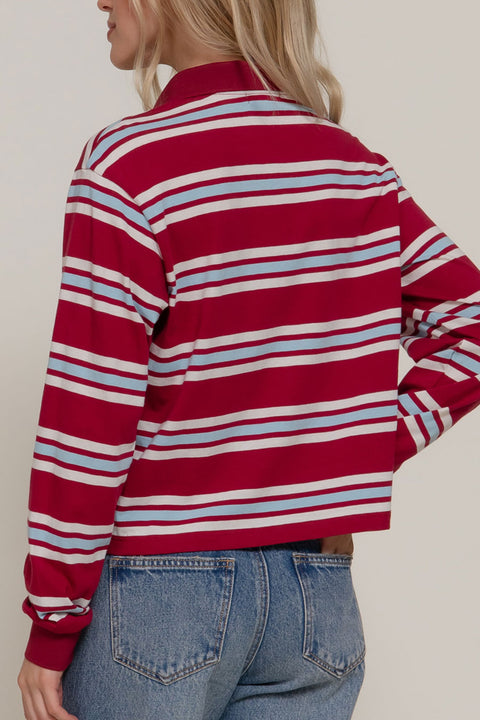 Preppy Long Sleeve Multi Stripe Burgundy Polo T-Shirt