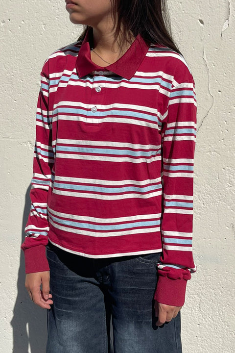 Preppy Long Sleeve Multi Stripe Burgundy Polo T-Shirt