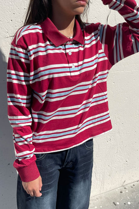 Preppy Long Sleeve Multi Stripe Burgundy Polo T-Shirt