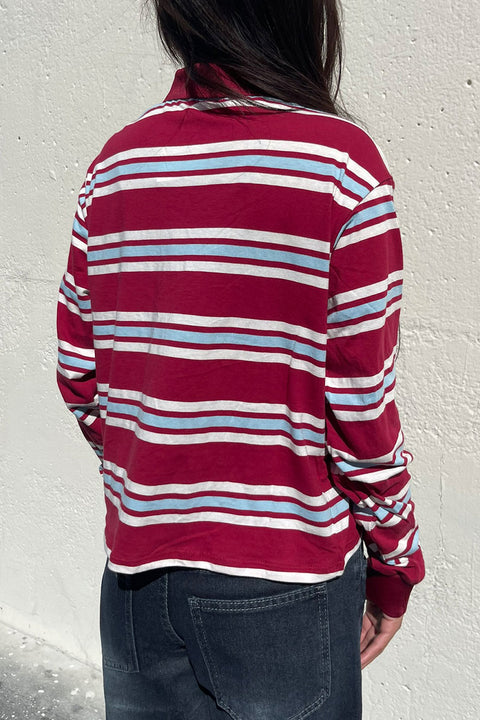 Preppy Long Sleeve Multi Stripe Burgundy Polo T-Shirt