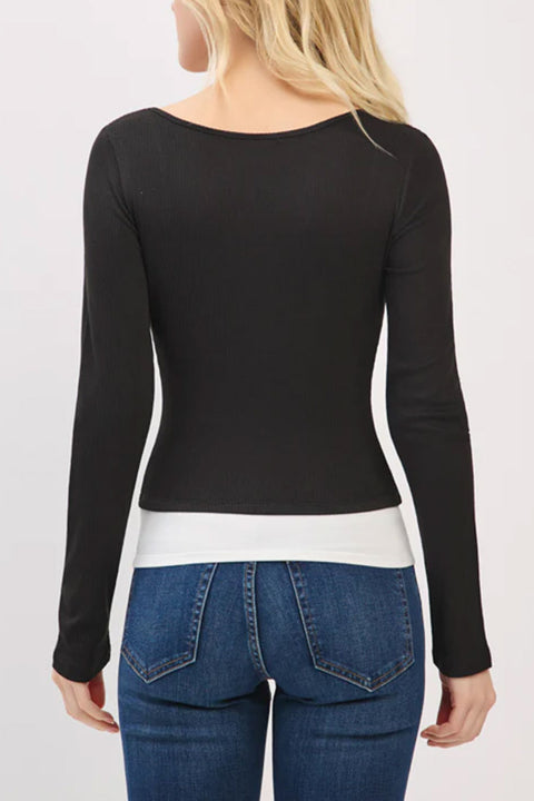 Faux Layered Scoop Neck Long Sleeve Top