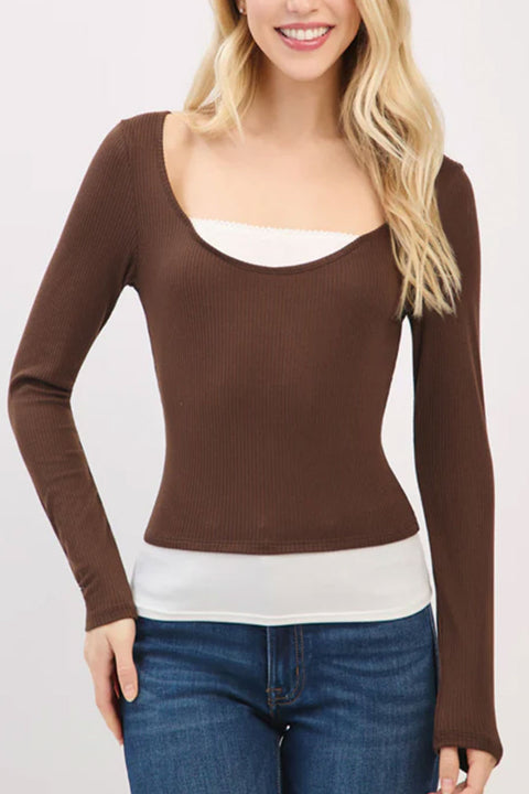 Faux Layered Scoop Neck Long Sleeve Top