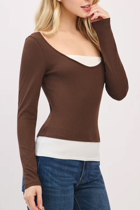 Faux Layered Scoop Neck Long Sleeve Top