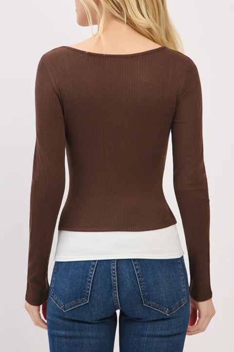 Faux Layered Scoop Neck Long Sleeve Top