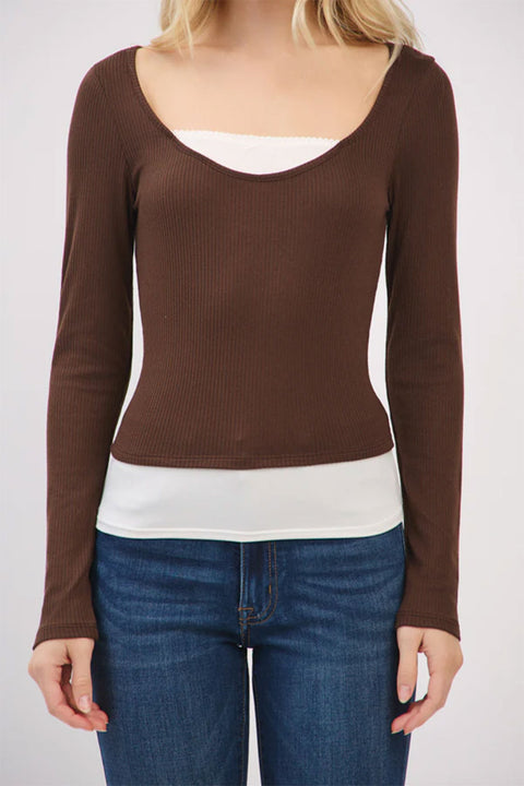 Faux Layered Scoop Neck Long Sleeve Top