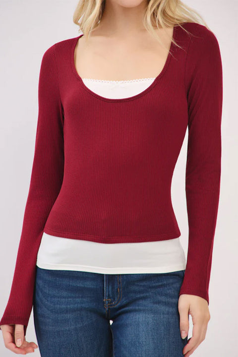 Faux Layered Scoop Neck Long Sleeve Top