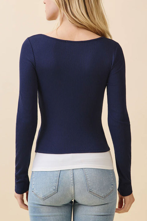 Faux Layered Scoop Neck Long Sleeve Top
