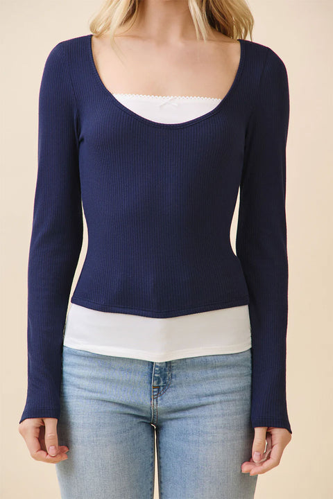 Faux Layered Scoop Neck Long Sleeve Top