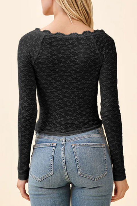 Scoop Neck Lace Knit Henley Long Sleeve Top