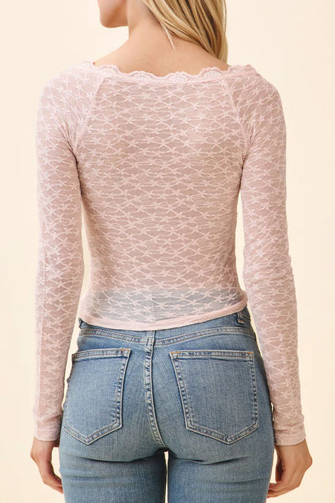 Scoop Neck Lace Knit Henley Long Sleeve Top