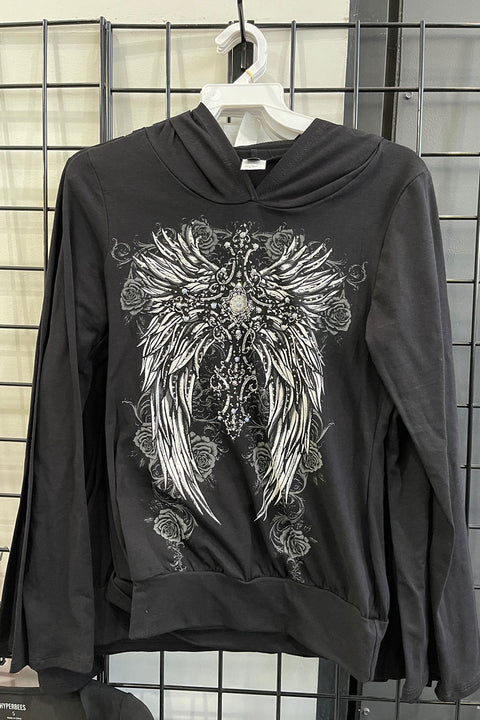 Y2K McBling Front & Back Cross Wring Print Long Sleeve Hoodie T-Shirt