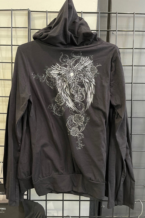 Y2K McBling Front & Back Cross Wring Print Long Sleeve Hoodie T-Shirt