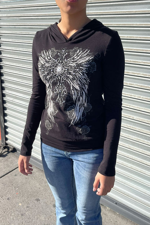 Y2K McBling Front & Back Cross Wring Print Long Sleeve Hoodie T-Shirt