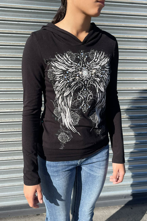 Y2K McBling Front & Back Cross Wring Print Long Sleeve Hoodie T-Shirt