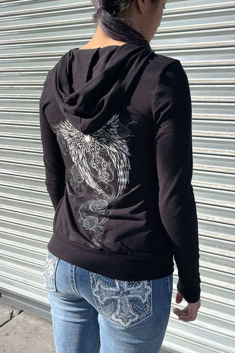 Y2K McBling Front & Back Cross Wring Print Long Sleeve Hoodie T-Shirt