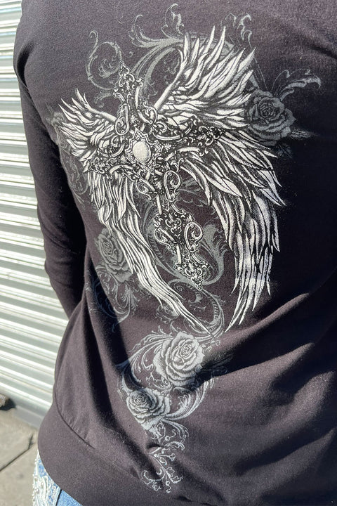 Y2K McBling Front & Back Cross Wring Print Long Sleeve Hoodie T-Shirt