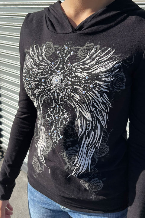 Y2K McBling Front & Back Cross Wring Print Long Sleeve Hoodie T-Shirt