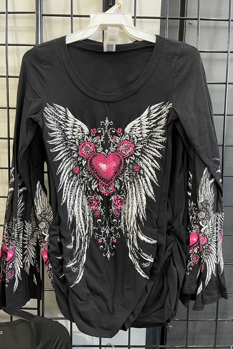 Y2K McBling Pink Heart & Rose Graphic Rhinestone Print Side Shirred Long Sleeve T-Shirt