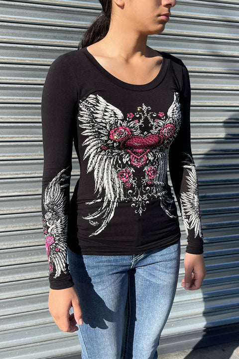 Y2K McBling Pink Heart & Rose Graphic Rhinestone Print Side Shirred Long Sleeve T-Shirt