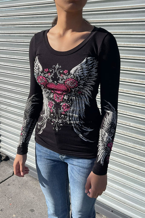 Y2K McBling Pink Heart & Rose Graphic Rhinestone Print Side Shirred Long Sleeve T-Shirt