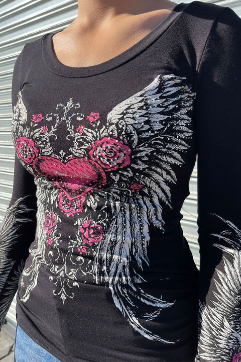 Y2K McBling Pink Heart & Rose Graphic Rhinestone Print Side Shirred Long Sleeve T-Shirt