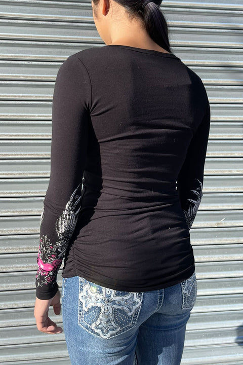 Y2K McBling Pink Heart & Rose Graphic Rhinestone Print Side Shirred Long Sleeve T-Shirt