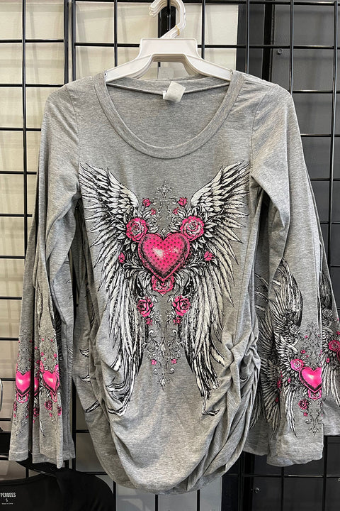 Y2K McBling Pink Heart & Rose Graphic Rhinestone Print Side Shirred Long Sleeve T-Shirt