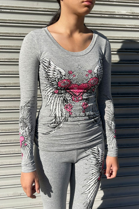 Y2K McBling Pink Heart & Rose Graphic Rhinestone Print Side Shirred Long Sleeve T-Shirt