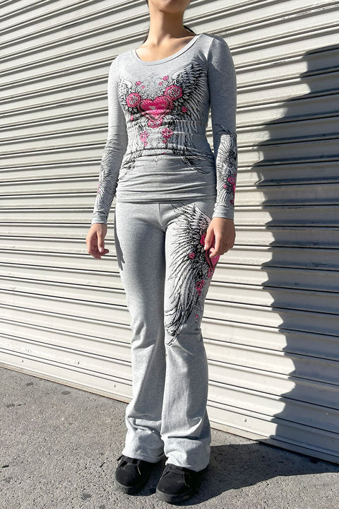 Y2K McBling Pink Heart, Rose & Wing Graphic Rhinestone Print Fold-Over Flare Pants