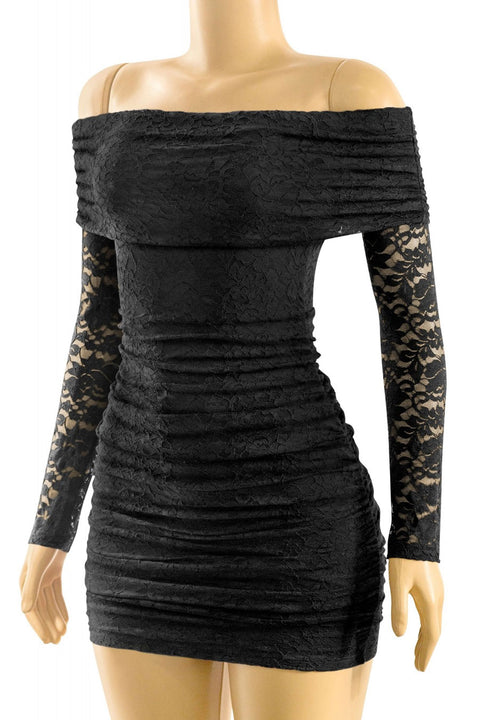 Tresser™ Long Sleeves Off Shoulder Lace Mini Bodycon Dress