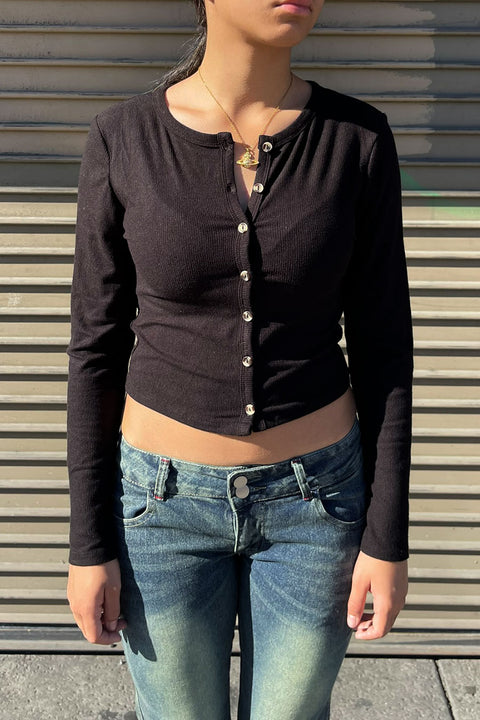 Long Sleeve Crew Neck Button-Front Cardigan Rib Knit Top