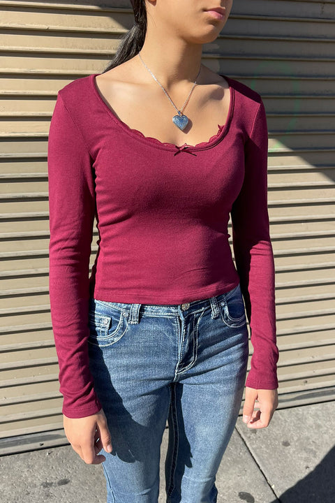 Brushed Knit Long Sleeve Scoop Neck Top With Peekaboo Lace & Bow