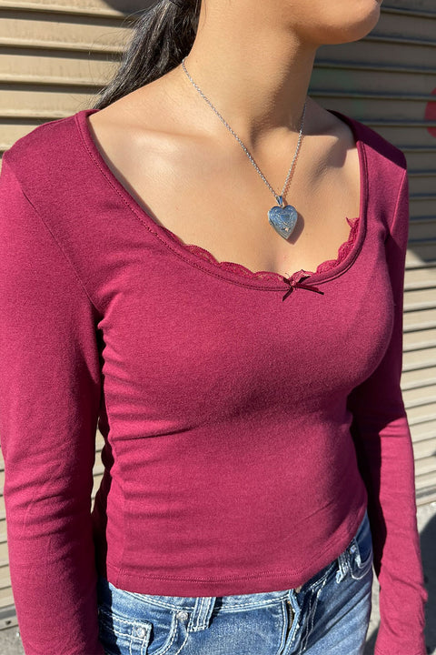 Brushed Knit Long Sleeve Scoop Neck Top With Peekaboo Lace & Bow