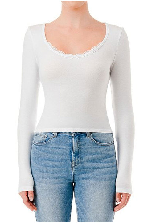 Brushed Knit Long Sleeve Scoop Neck Top With Peekaboo Lace & Bow