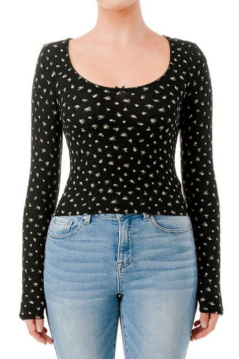 Ditsy Floral Print Pointelle Long Sleeve Scoop Neck Lace Trim Top