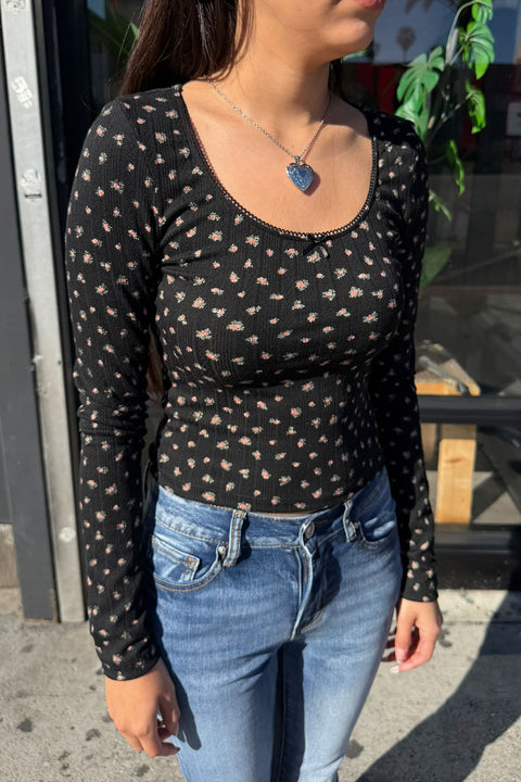 Ditsy Floral Print Pointelle Long Sleeve Scoop Neck Lace Trim Top