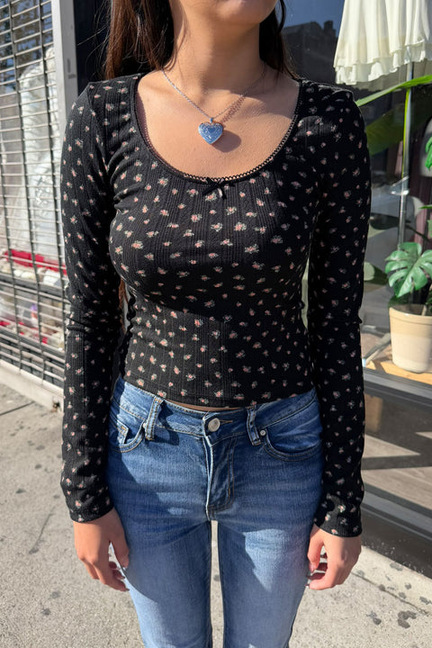 Ditsy Floral Print Pointelle Long Sleeve Scoop Neck Lace Trim Top