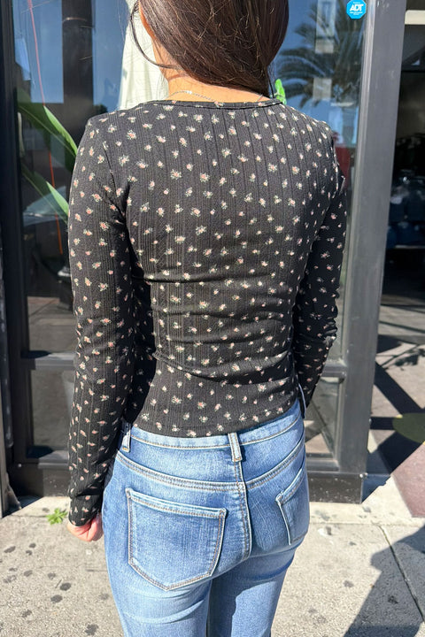 Ditsy Floral Print Pointelle Long Sleeve Scoop Neck Lace Trim Top