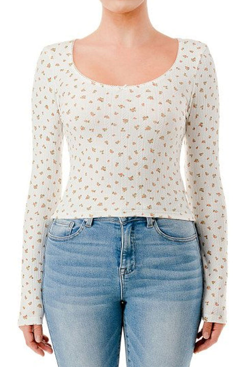 Ditsy Floral Print Pointelle Long Sleeve Scoop Neck Lace Trim Top