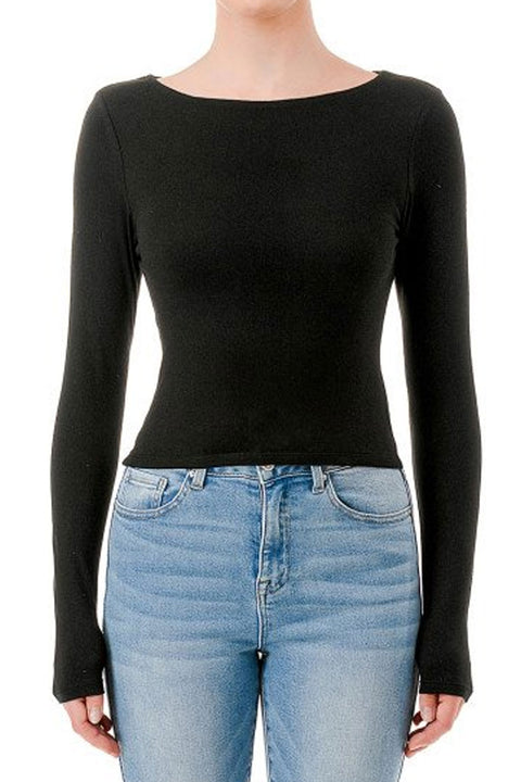Basic Brushed DTY Long Sleeve Boat Neck Double-Layered Top