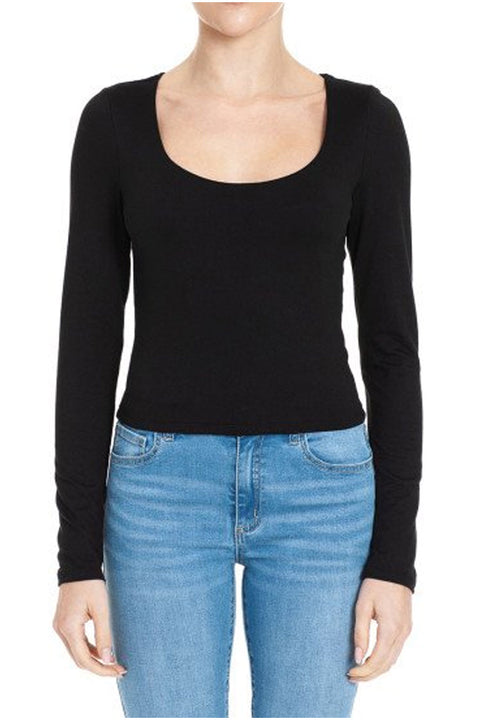 Basic Long Sleeve Scoop Neck Double-Layered Crop Top