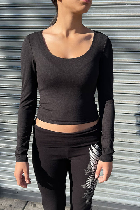 Basic Long Sleeve Scoop Neck Double-Layered Crop Top