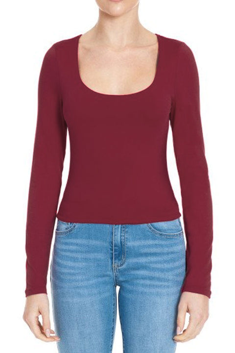 Basic Long Sleeve Scoop Neck Double-Layered Crop Top